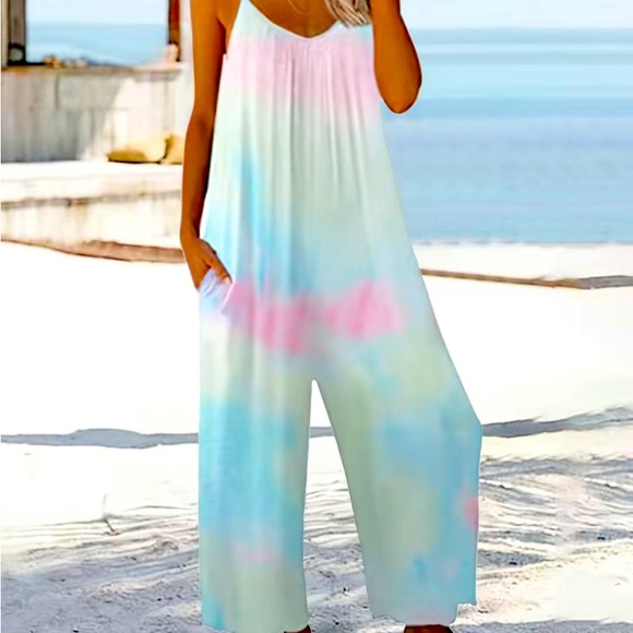🆕NIP:BOHO Neon Tie-Dye with Spaghetti Straps Jumpsuit w/ front pockets: Sz XXL - Picture 2 of 6